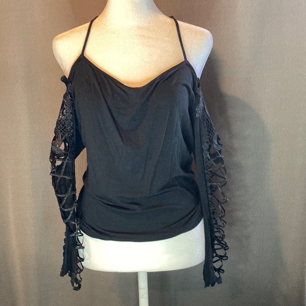 WOMENS SZ XL BLACK LIAM KIM OFF THE SHOULDER FLORAL PEEK A BOO LONG SLEEVE - Picture 1 of 8